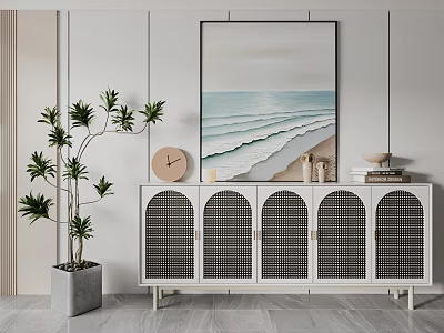 Modern White Console Side Cabinet With Arched Grid Doors Green Plant And Clock Decor 3d model