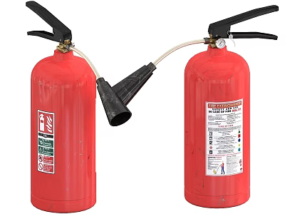 Two Red Fire Extinguishers With Safety Labels And Black Nozzles For Fire Safety 3d model
