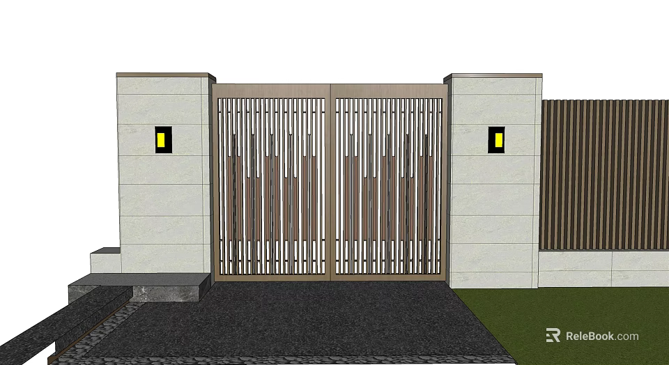 Modern Wooden Entrance Gate With Vertical Slats White Walls And Wall Lights 3d model 