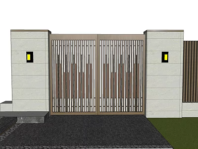Modern Wooden Entrance Gate With Vertical Slats White Walls And Wall Lights 3d model