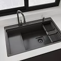Black Double Bowl Kitchen Sink With Faucet Drainer Rack On White Countertop By Window