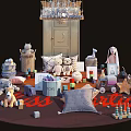Various Stuffed Dolls And Plush Toys On Mat With Pillows Building Blocks And Accessories