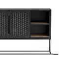 Modern Cabinet Furniture With Woven Doors Black Finish And Metal Frame Open Shelf