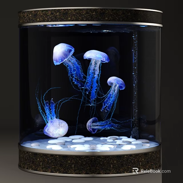 Modern Aquarium Setup with Vibrant Blue Purple Jellyfish and White Pebbles at the Bottom 3d model 