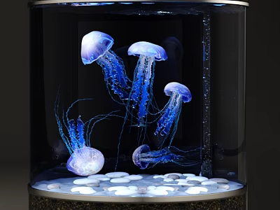 Modern Aquarium Setup with Vibrant Blue Purple Jellyfish and White Pebbles at the Bottom 3d model