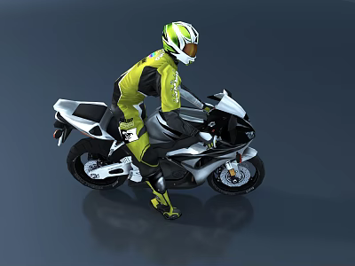 White Black Motorcycle Rider in Yellow Black Suit Wearing Green Helmet Gray Reflective Floor 3d model