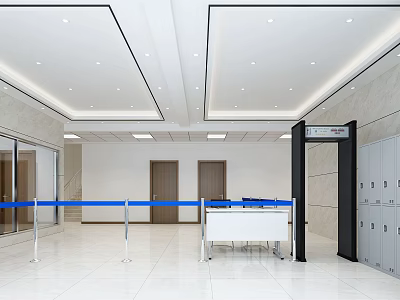 Bright Modern Reception Area With White Desk Security Gate Lockers And Glass Doors 3d model