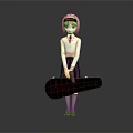 Anime Game Character With Blonde Hair Headband White Top Purple Skirt Holding Red Guitar Case