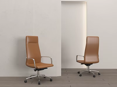Brown Leather Office Chairs With High Back Metal Frame And Wheels In Modern Room 3d model