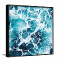 Framed Landscape Painting of Blue Ocean Waves With White Foam Textures And Black Square Frame
