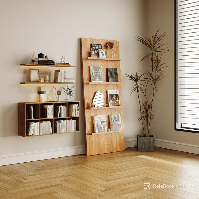 Modern Wooden Bookcase With Layered Shelves Books Decorations And Potted Plant By Window 3d model 