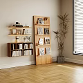 Modern Wooden Bookcase With Layered Shelves Books Decorations And Potted Plant By Window