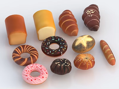 Fresh Assorted Breads and Donuts Including Croissant Chocolate Roll Long Loaf Round Bun Varieties 3d model