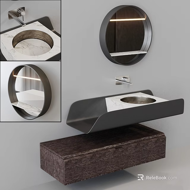 Modern Washbasin Design With Marble Countertop Black Frame Wooden Base And Circular Mirror 3d model 