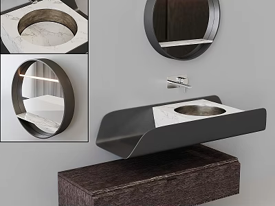 Modern Washbasin Design With Marble Countertop Black Frame Wooden Base And Circular Mirror 3d model