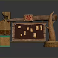Traditional Wooden Decorative Structure With Wooden Pillars Red Emblem And Small Square Panels