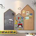 Kids Room Background Wall With House Shaped Chalkboard Corkboard Cloud Sun Decals And Building Blocks