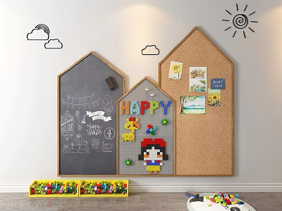 Kids Room Background Wall With House Shaped Chalkboard Corkboard Cloud Sun Decals And Building Blocks 3d model