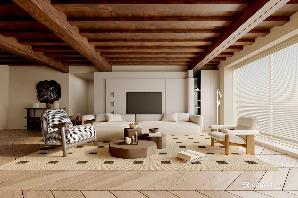Modern Living Room Interior With Wooden Ceiling Beams Neutral Sofa And Patterned Rug 3d model 