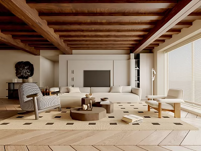 Modern Living Room Interior With Wooden Ceiling Beams Neutral Sofa And Patterned Rug 3d model