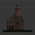 Wooden Architectural Model With Two Story Frame And Arched Design On Green Base