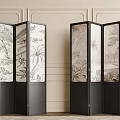 Elegant Chinese Folding Screens with Black Frame and Traditional Patterns 3d model