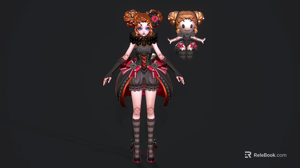 Game Movie Character with Double Braids Floral Decor Black Red Dress Lace Bow Striped Stockings 3d model 
