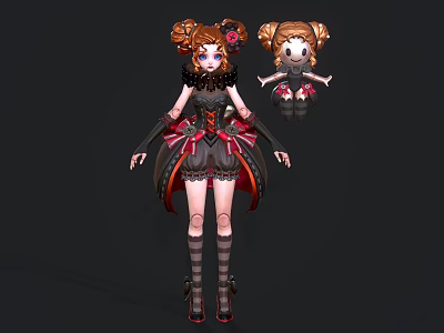 Game Movie Character with Double Braids Floral Decor Black Red Dress Lace Bow Striped Stockings 3d model