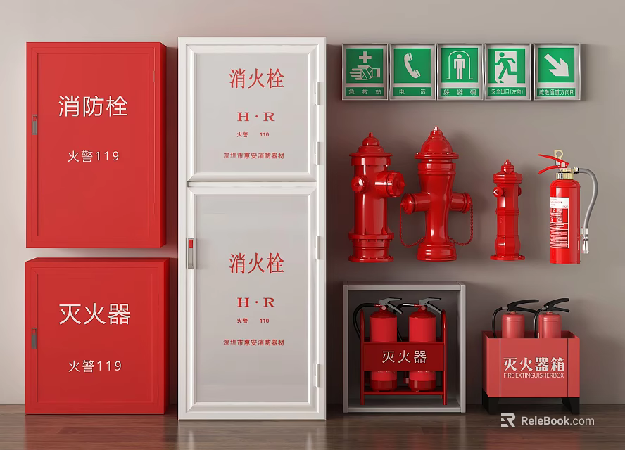 Various Fire Safety Equipment Including Fire Hydrants Fire Extinguishers and Cabinets with Emergency Signage 3d model 