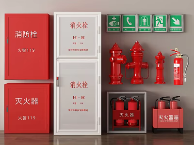Various Fire Safety Equipment Including Fire Hydrants Fire Extinguishers and Cabinets with Emergency Signage 3d model