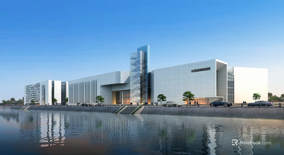 Modern Waterfront Building With Glass Curtain Wall White Exterior Trees And Water Reflection 3d model 