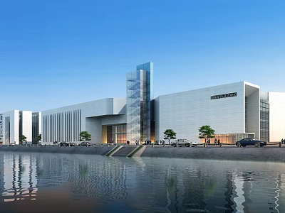 Modern Waterfront Building With Glass Curtain Wall White Exterior Trees And Water Reflection 3d model