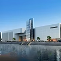 Modern Waterfront Building With Glass Curtain Wall White Exterior Trees And Water Reflection
