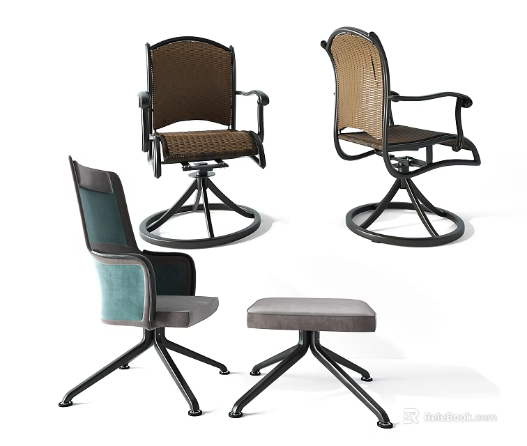 Modern Armchairs With Woven Seats Metal Frames And Matching Ottoman 3d model 