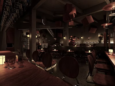 Industrial Style Café Interior With Dark Wooden Tables Geometric Pendant Lights And Bar Counter 3d model