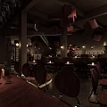 Industrial Style Café Interior With Dark Wooden Tables Geometric Pendant Lights And Bar Counter