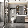 Modern Bathroom Interior With Glass Shower Gray Marble Walls White Toilet Vanity And Gold Hardware