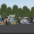 Vibrant Commercial Street With Food Trucks Crowds Balloons And Green Trees