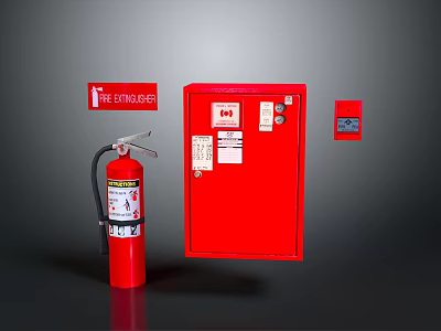 Red Fire Safety Equipment Setup With Extinguisher Cabinet Signs And Control Panel 3d model