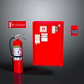 Red Fire Safety Equipment Setup With Extinguisher Cabinet Signs And Control Panel