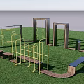 Outdoor Playground Equipment With Wooden Pathway Metal Climbing Frames And Door shaped Structures