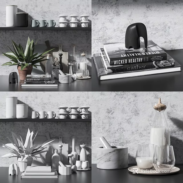Elegant Kitchen Cookware Display With Mugs Bowls Mortar Glassware And Potted Plants 3d model 