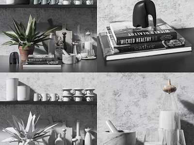 Elegant Kitchen Cookware Display With Mugs Bowls Mortar Glassware And Potted Plants 3d model