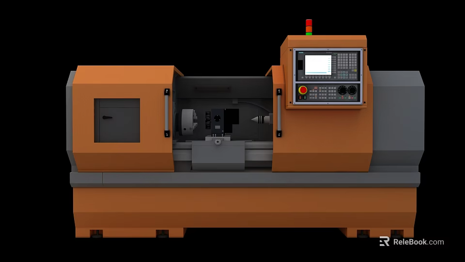 Orange CNC Lathe Industrial Equipment With Control Panel Digital Display And Machine Bed 3d model 