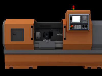 Orange CNC Lathe Industrial Equipment With Control Panel Digital Display And Machine Bed 3d model