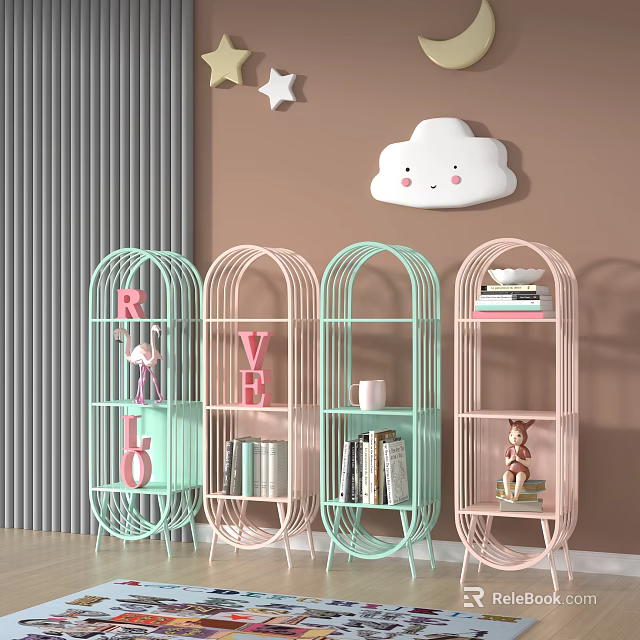 Pink and Light Green Arched Metal Frame Bookshelves with Books Letter Decorations and Deer Figurine 3d model 
