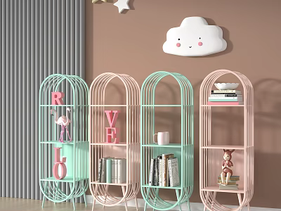 Pink and Light Green Arched Metal Frame Bookshelves with Books Letter Decorations and Deer Figurine 3d model