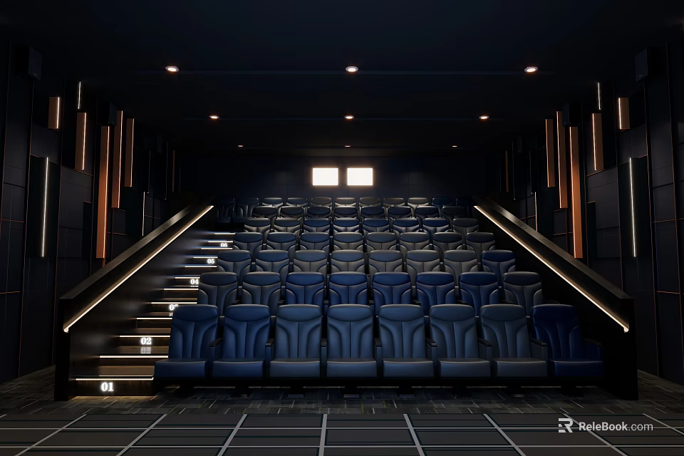 Modern Cinema Interior With Comfortable Blue Leather Seats in Rows and Ambient Lighting 3d model 