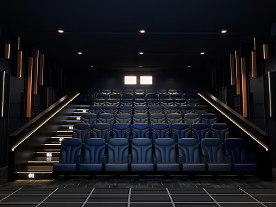 Modern Cinema Interior With Comfortable Blue Leather Seats in Rows and Ambient Lighting 3d model