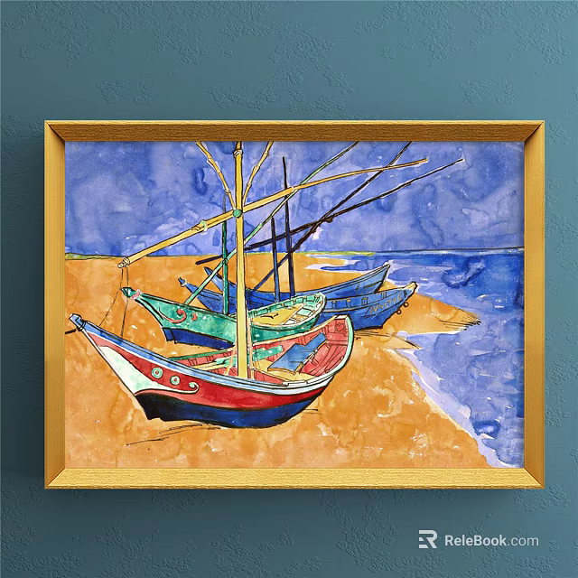 Landscape Painting of Colorful Boats on Beach with Blue Ocean and Sky in Golden Frame 3d model 
